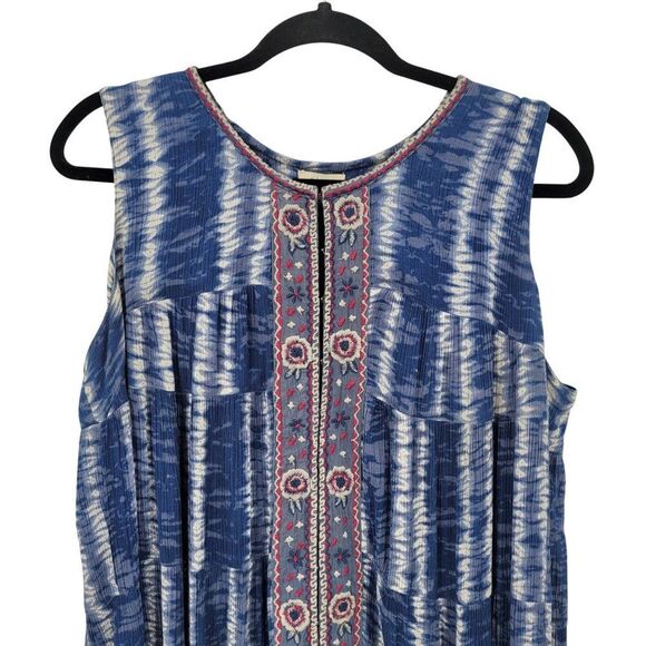 Sleeveless Blue Striped Tiered Ruffle Oversized Dress Sz S Embroidered India - Picture 5 of 10